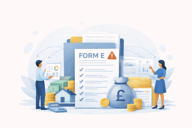 Illustration of two people reviewing financial documents with folders, charts, coins, a calculator and a house symbol, representing the exchange of financial information in divorce proceedings.