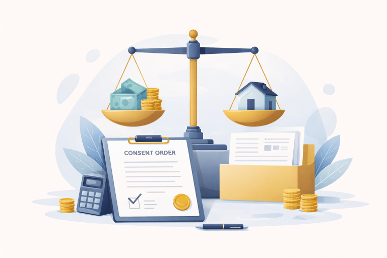 Abstract illustration showing a consent order document, balance scales weighing property and money, and financial agreement, representing court-approved divorce finances